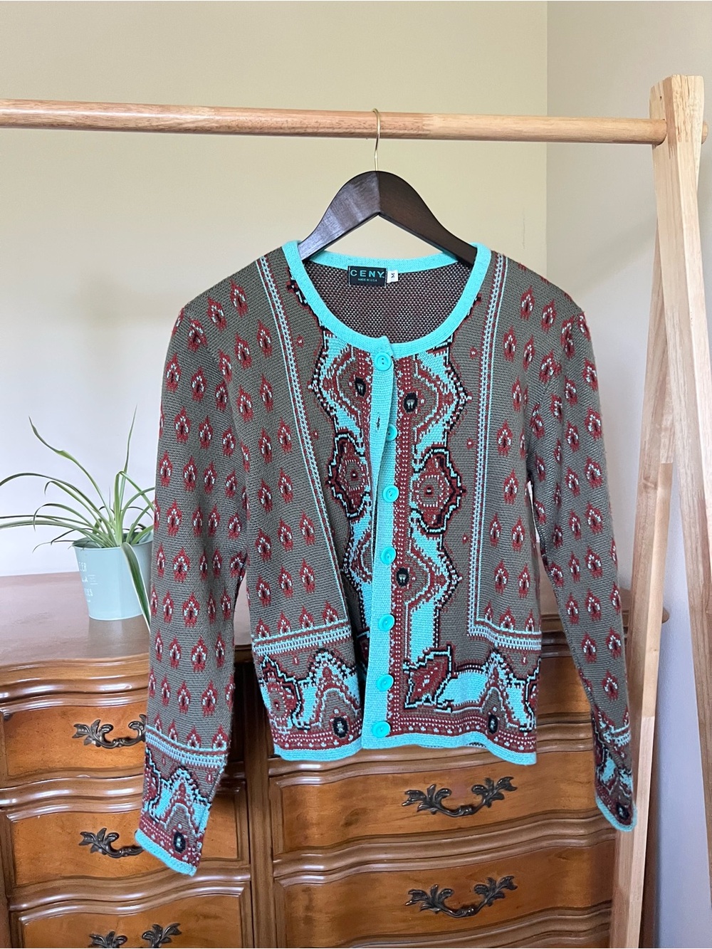CENY Brown Cardigan with Turquoise Trim